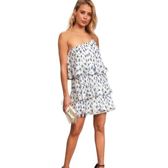Lulu’s Blowing Kisses Blue Floral Pleated One-Shoulder Mini Dress - Picture 2 of 4